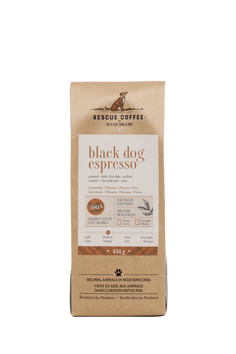 Black Dog Espresso Organic Coffee Grounds (Medium Roast, 1lb) | Rescue Coffee Co.
